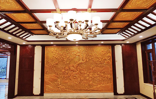 安龙中式别墅客厅中式木作横梁吊顶装饰展示